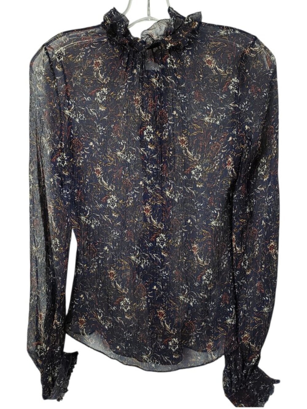 Elie Tahari Floral Sheer Silk Blouse With Ruffle Collar & Cuff Navy/Orange XSmal - Picture 4 of 16